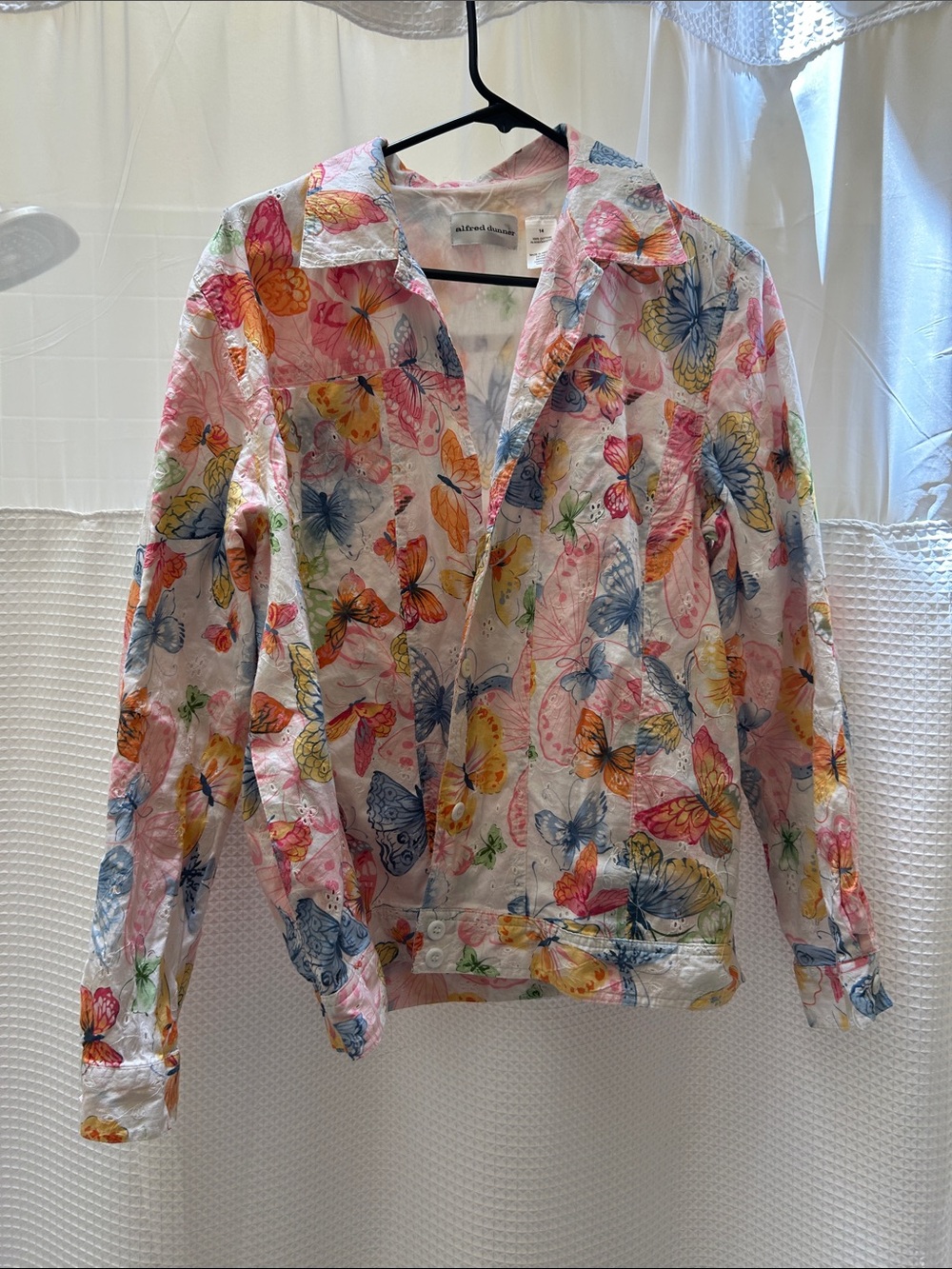Alfred Dunner White Jean Jacket with Multicolor Butterfly Print